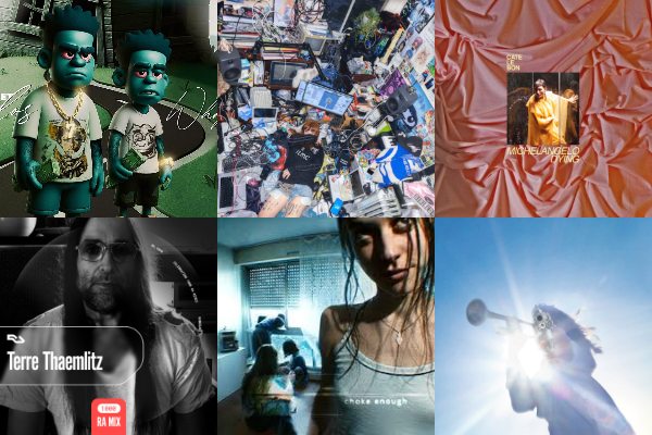 Collage of several album covers: WNC WhopBezzy and 70th Street Carlos's Out The Blue, Cate Le Bon's Michelangelo Dying, DJ Sprinkles' RA.1000, Geese's Getting Killed, Ninajirachi's I Love My Computer, and Oklou's choke enough.